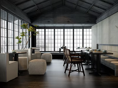 Rustic Restaurant Interior With Large Windows Wooden Floor And Dining Tables 3d model