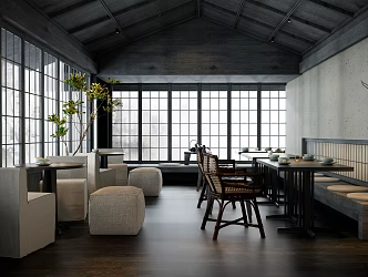 Chinese Restaurant Dining Table and Chair Single Sofa Chair Set Dining Table Chandelier Door and Window Plant Bamboo Chair Rattan Chair Armchair Meal 3d model