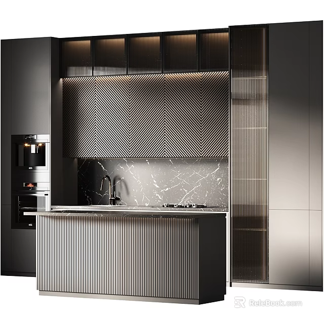 Elegant Modern Kitchen Interior With Textured Cabinets And Marble Island Countertop 3d model 
