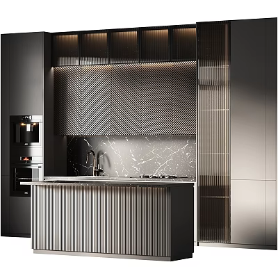 Elegant Modern Kitchen Interior With Textured Cabinets And Marble Island Countertop 3d model