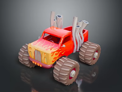 Red And Yellow Monster Truck With Flame Decals Oversized Tires And Exhaust Pipes 3d model