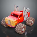 Red And Yellow Monster Truck With Flame Decals Oversized Tires And Exhaust Pipes