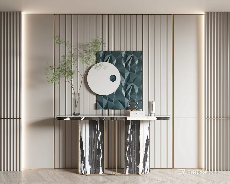 Modern Console Table Design With Striped Wall Geometric Artwork Round Mirror And Green Plant 3d model 
