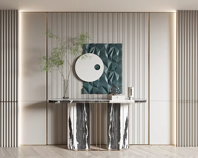 Modern Console Table Design With Striped Wall Geometric Artwork Round Mirror And Green Plant 3d model