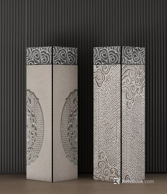 Elegant Ornament Set With Intricate Scroll Patterns Circular Motifs On Dark Vertical Striped Wall 3d model