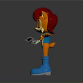 Cartoon Character With Red Hair Orange Body Blue Boots Backpack Outstretched Arms Holding Device