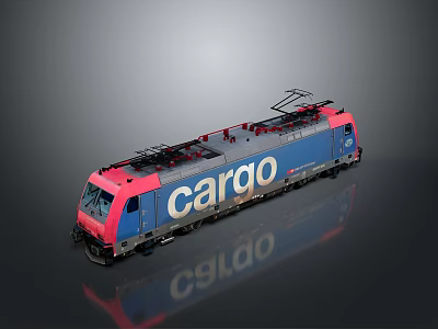 Blue and Pink Cargo Electric Locomotive Train With Top Pantograph And Reflective Surface 3d model