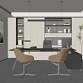 Modern Office Interior Design With Desk Two Beige Chairs Bookshelves Plants And Windows