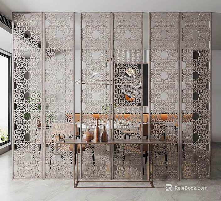 Elegant Modern Interior Partition With Stainless Steel Carved Lace Patterns And Home Decoration 3d model 