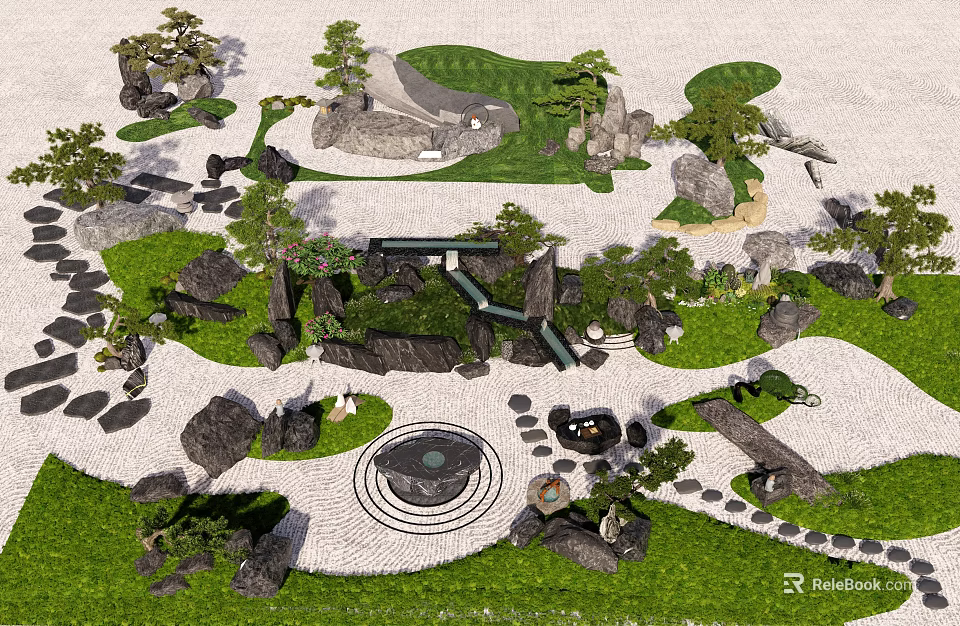 Traditional Courtyard Garden Landscape With Rocks Lawn Trees And Stone Pathways 3d model 
