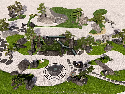 Traditional Courtyard Garden Landscape With Rocks Lawn Trees And Stone Pathways 3d model