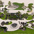 Traditional Courtyard Garden Landscape With Rocks Lawn Trees And Stone Pathways