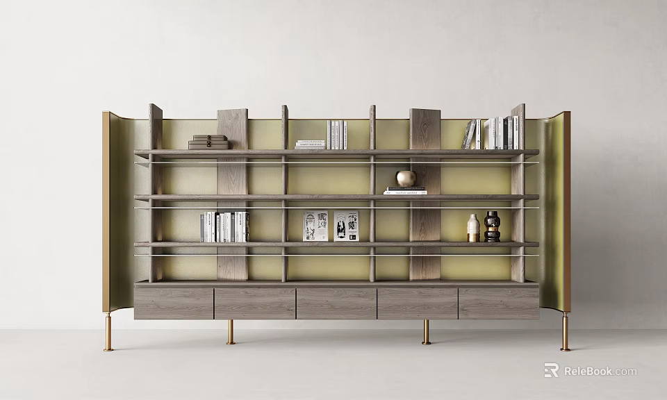 Elegant Modern Wooden Bookcase With Open Shelves Drawers And Metal Legs 3d model 