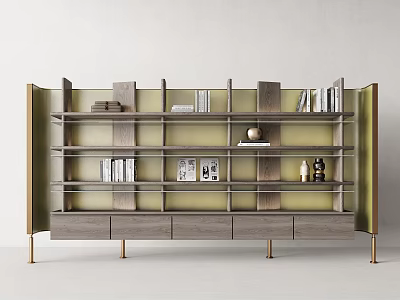 Elegant Modern Wooden Bookcase With Open Shelves Drawers And Metal Legs 3d model
