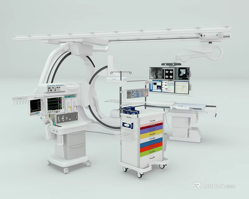 Advanced Medical Imaging System With C arm Multiple Monitors Mobile Cart And Control Console 3d model