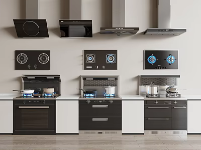 Various Kitchen Appliances Including Range Hoods Stovetops And Ovens In Modern Setup 3d model