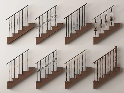 Different Stair Railings Styles With Wooden Handrails And Decorative Metal Balusters 3d model