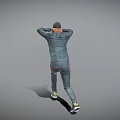 Man In Dark Tracksuit Jumping With Hands Behind Head On Gray Background