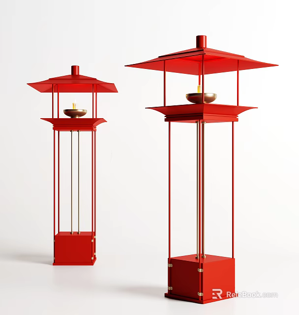Stylish Red Floor Lamps With Canopy Top Slender Pole And Square Base Design 3d model