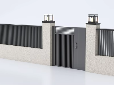 Modern Slatted Black Gate With Wall Pillars And Decorative Lights 3d model