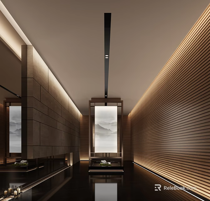 Modern Elevator Hallway Interior With Wooden Slat Walls Stone Panels And Decorative Paintings 3d model 