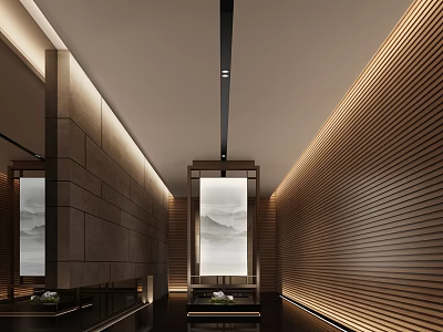 Modern Elevator Hallway Interior With Wooden Slat Walls Stone Panels And Decorative Paintings 3d model