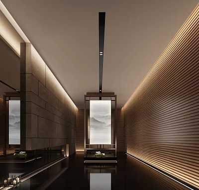 Modern Elevator Hallway Interior With Wooden Slat Walls Stone Panels And Decorative Paintings 3d model