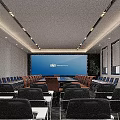 Modern Conference Room Interior With Large Screen Blue Seats White Walls And Lighting