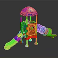 Kids Vibrant Playground Structure With Blue Canopy And Green Yellow Pink Slides