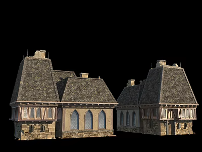 Row of Ancient Buildings With Tiled Roofs Arched Windows And Stone Walls 3d model