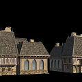 Row of Ancient Buildings With Tiled Roofs Arched Windows And Stone Walls