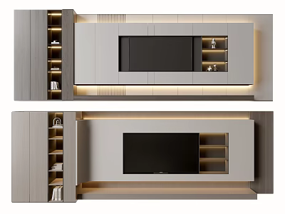Modern TV Wall Design With Built in TV Storage Shelves And Ambient Lighting 3d model