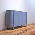 Light Purple Side Cabinet With Curved Door Panels And Metal Legs Against White Wall