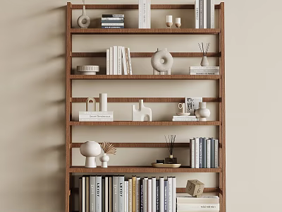 Minimalist Wooden Bookshelf With Books Decorative Objects On Multiple Shelves Light Background 3d model
