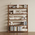 Minimalist Wooden Bookshelf With Books Decorative Objects On Multiple Shelves Light Background