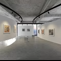 Contemporary Art Gallery Interior With White Walls Gray Floor Hanging Artworks And Display Pedestals