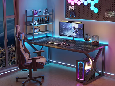 Modern Gaming Desk With RGB Lighting Computer Monitor Ergonomic Chair And Pegboard Accessories 3d model