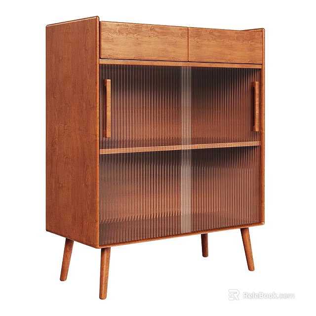 Modern Wooden Decorative Cabinet With Textured Glass Doors Open Shelf And Tapered Legs 3d model 