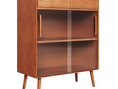 Modern Wooden Decorative Cabinet With Textured Glass Doors Open Shelf And Tapered Legs 3d model
