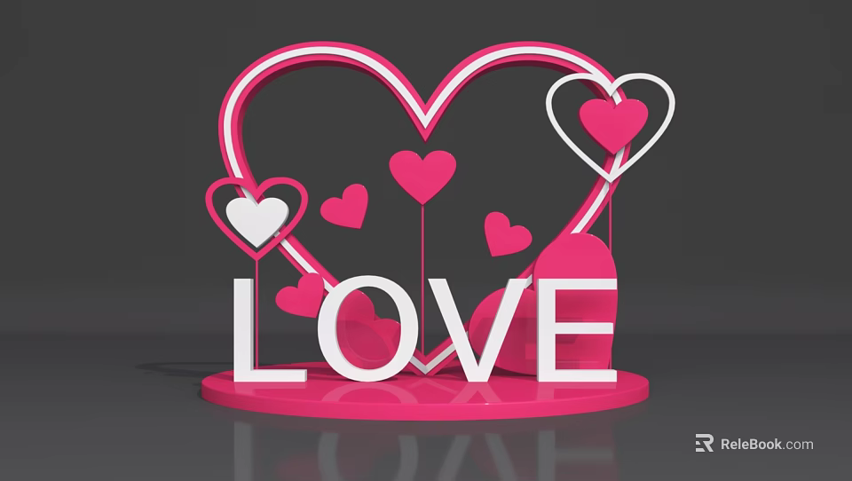Pink Heart Shaped Decorative Design with LOVE Letters and Small Hearts 3d model 