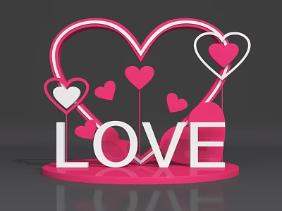 Pink Heart Shaped Decorative Design with LOVE Letters and Small Hearts 3d model