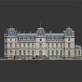 Detailed European Style Building Model With Blue Roof Steps And Red Base