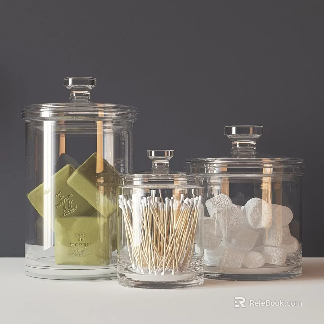 Bathroom Accessories Clear Glass Jars With Metal Lids For Soap Cotton Swabs And Cotton Balls 3d model 