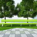 Green Outdoor Bench in Park With Trees Grass Trash Can And Information Board