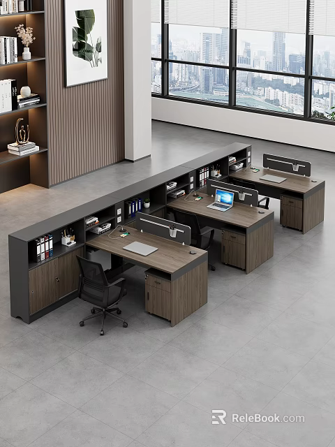 Modern Office Workspace Desk and Chair Set With Partition Storage Cabinets Computer and Folders 3d model 