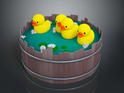 Cute Rubber Ducks Swimming in Wooden Tub with Green Water and White Flowers 3d model