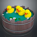 Cute Rubber Ducks Swimming in Wooden Tub with Green Water and White Flowers