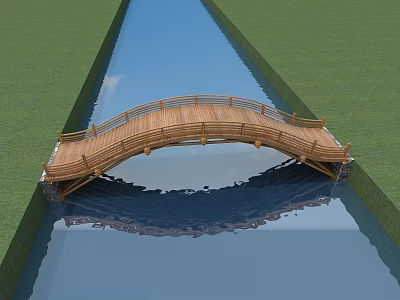 Wooden Arch Bridge Spanning Waterway With Green Grass And Reflection 3d model