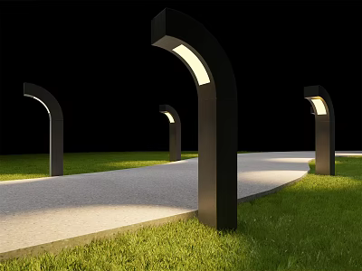 Outdoor Lights with Curved Black Posts Illuminated Tops Along Stone Path and Green Grass 3d model