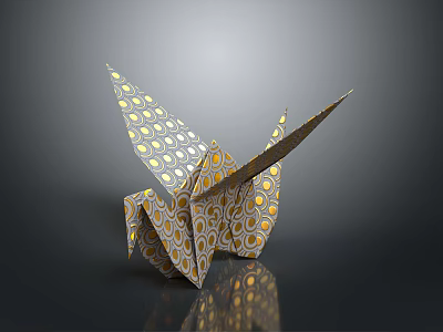 Origami Crane Paper Art With Yellow Circle Patterns On Dark Reflective Surface 3d model